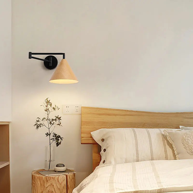 Nordic Minimalist Cone Swing Arm Wood Grain Iron 1-Light Wall Sconce Lamp Cuvalon