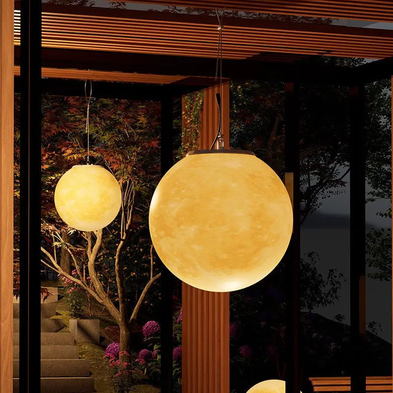 Contemporary Nordic Solar Waterproof PE Resin Round Moon LED Pendant Light For Outdoor Patio Cuvalon
