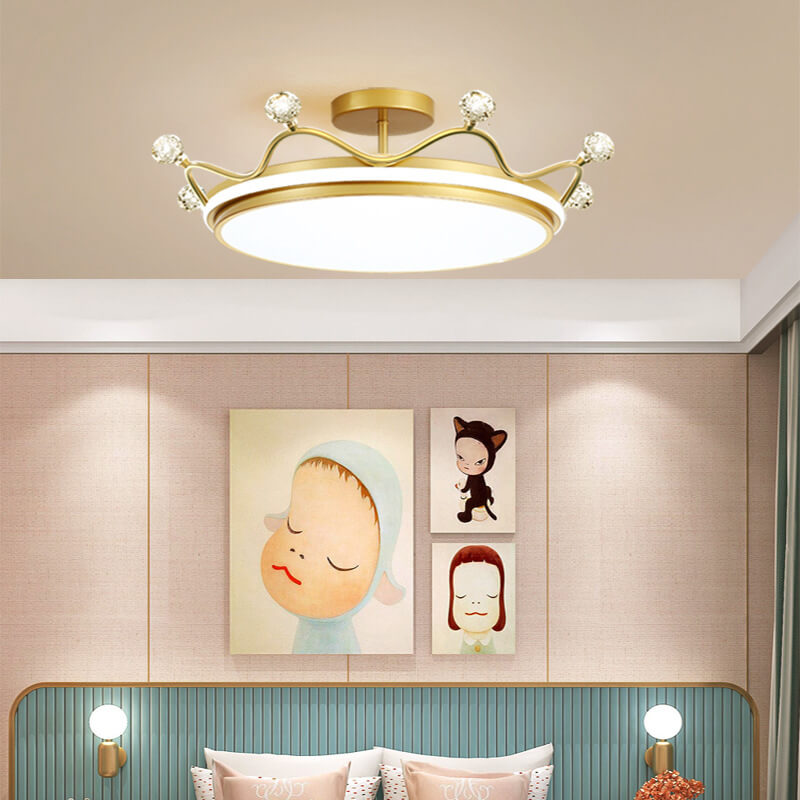 Contemporary Creative Kids Crown Iron Acrylic LED Semi-Flush Mount Ceiling Light For Bedroom Cuvalon