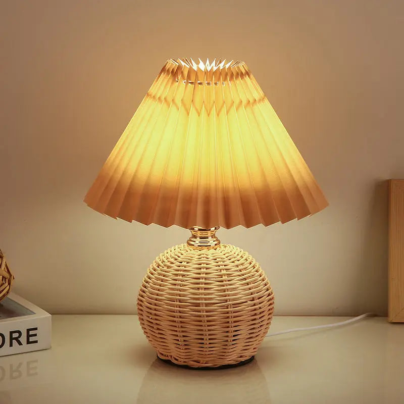 Contemporary Nordic Rattan Fabric Pleated Conic Ball LED Table Lamp For Bedroom Cuvalon