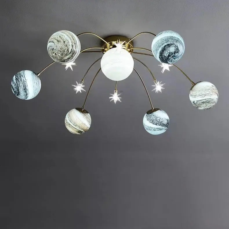 Contemporary Nordic Kids Iron Glass Ball Earth Planet 13-Light Semi-Flush Mount Ceiling Light For Bedroom Cuvalon