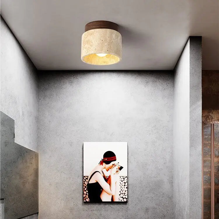 Traditional Vintage Round Travertine 1-Light Flush Mount Ceiling Light For Hallway Cuvalon