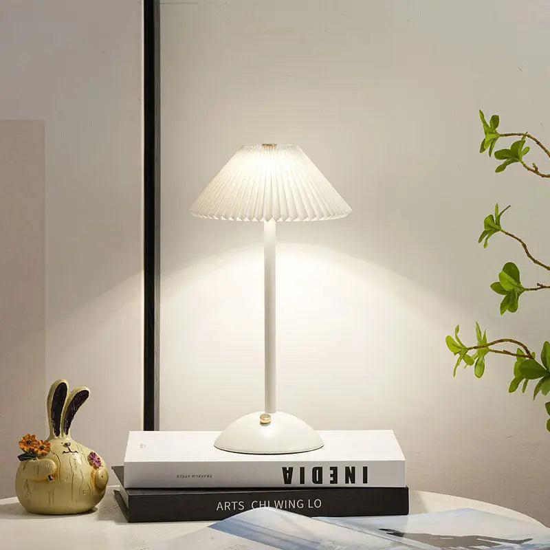 Contemporary Scandinavian Rechargeable Iron Fabric Conic Pleated 1-Light Table Lamp For Bedside Cuvalon