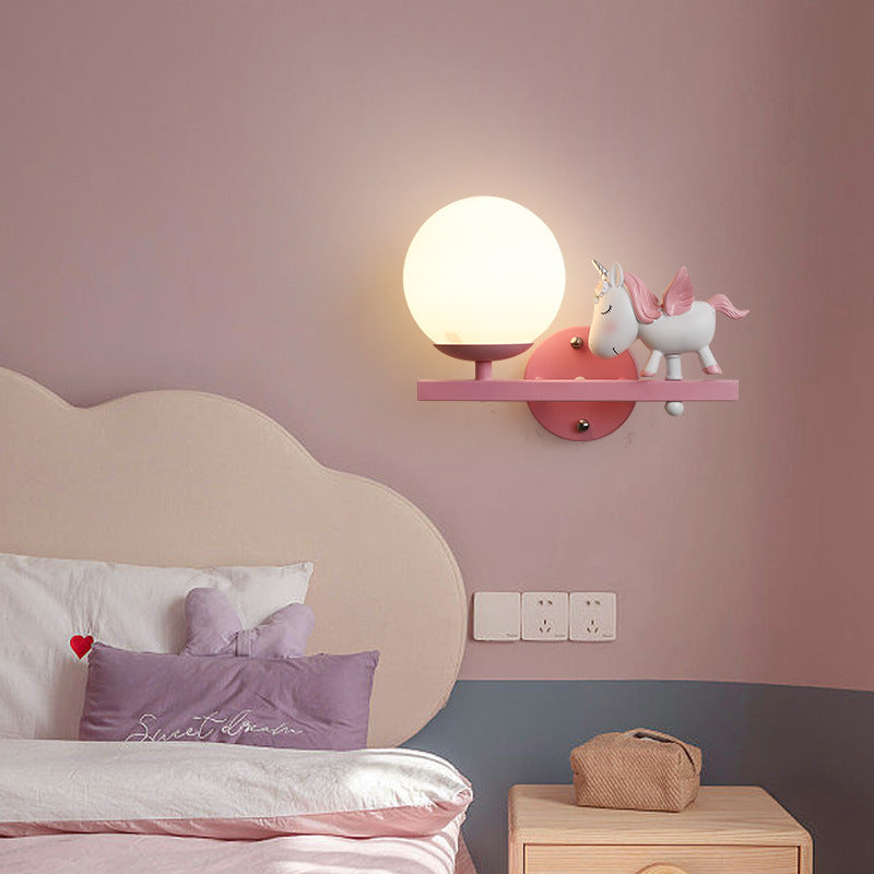 Contemporary Creative Kids Girls Unicorn Orb Resin Iron Glass 1-Light Wall Sconce Lamp For Bedroom Cuvalon