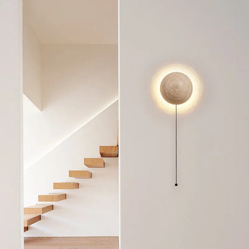 Japanese Minimalist Round Yellow Travertine Wabi-Sabi LED Wall Sconce Lamp Cuvalon