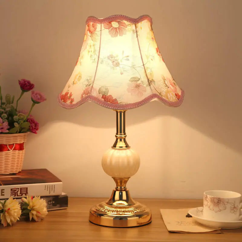 Nordic Vintage Floral Glass Fabric 1-Light Table Lamp Cuvalon