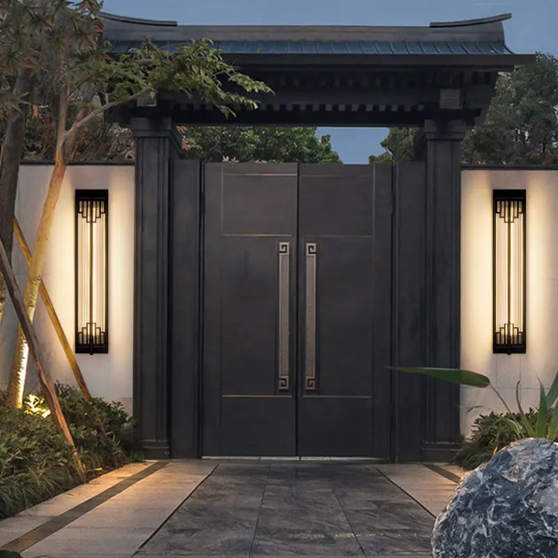 Traditional Chinese Waterproof Rectangular Stainless Steel Glass LED Wall Sconce Lamp For Outdoor Patio Cuvalon