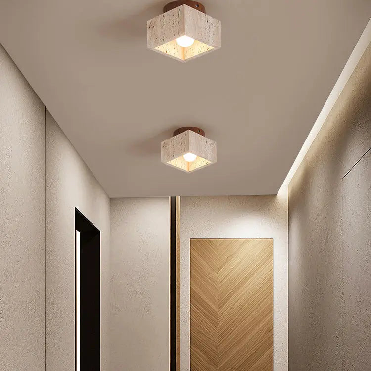 Japanese Wabi-Sabi Yellow Travertine Column Wood 1-Light Semi-Flush Mount Ceiling Light Cuvalon