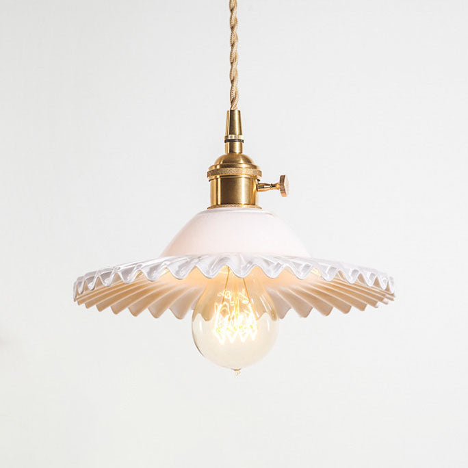 Traditional Vintage Round Ripple Brass Glass 1-Light Pendant Light For Living Room Cuvalon