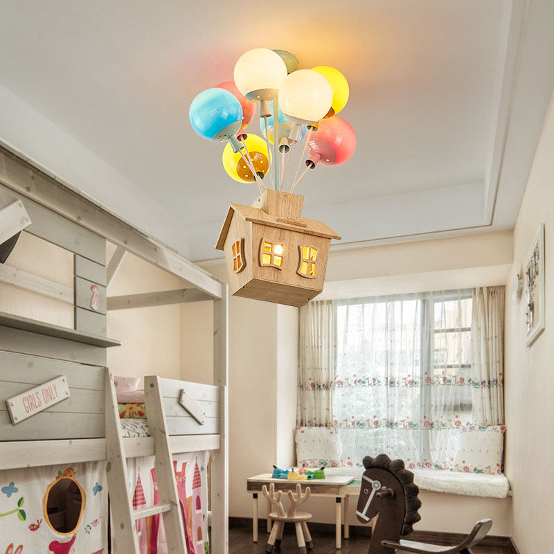Contemporary Creative Colorful Acrylic Balloon Log Cabin 7/9-Light Kids Semi-Flush Mount Ceiling Light For Bedroom Cuvalon