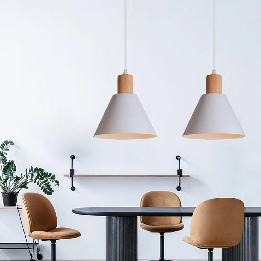 Nordic Vintage Iron Cone Wood Top 1-Light Pendant Light Cuvalon