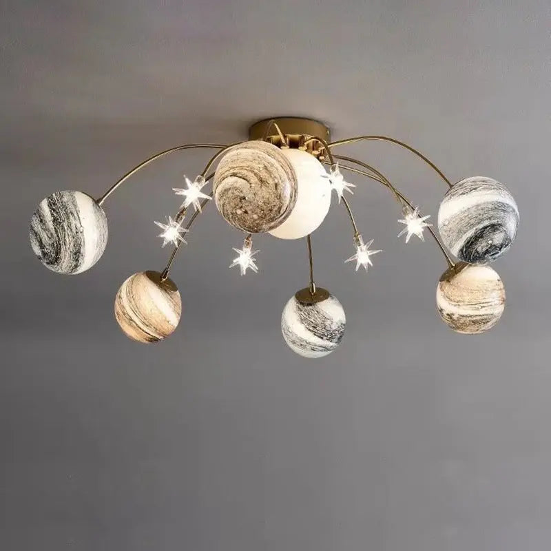 Contemporary Nordic Kids Iron Glass Ball Earth Planet 13-Light Semi-Flush Mount Ceiling Light For Bedroom Cuvalon