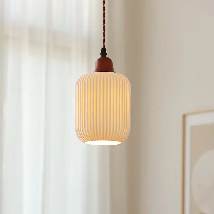 Japanese Vintage Pleated Ceramic Round Dome Wood 1-Light Pendant Light Cuvalon