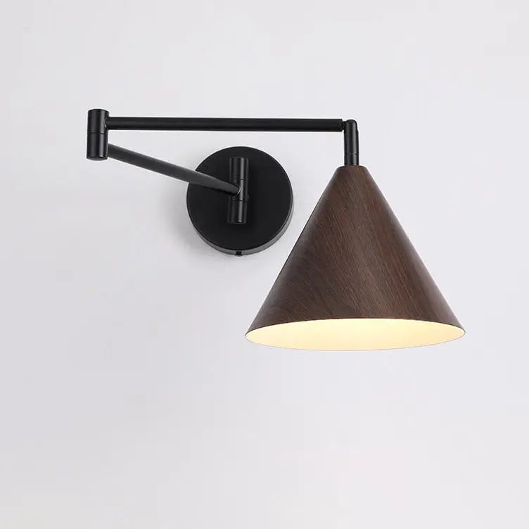 Nordic Minimalist Cone Swing Arm Wood Grain Iron 1-Light Wall Sconce Lamp Cuvalon