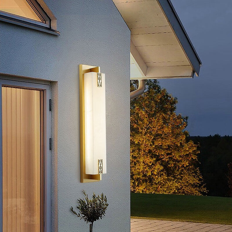 Modern Transitional Rectangular Copper Marble LED Outdoor Wall Sconce Lamp For Outdoor Patio Cuvalon