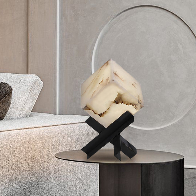 Modern Minimalist Textured Square Stainless Steel Marble 1-Light Table Lamp For Bedroom Cuvalon