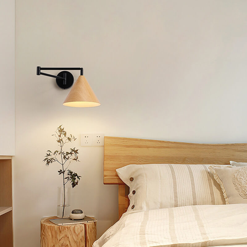 Nordic Minimalist Cone Swing Arm Wood Grain Iron 1-Light Wall Sconce Lamp Cuvalon