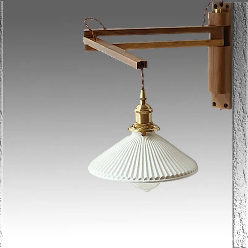 Nordic Milk White Striped Glass Walnut Retractable 1-Light Wall Sconce Lamp Cuvalon