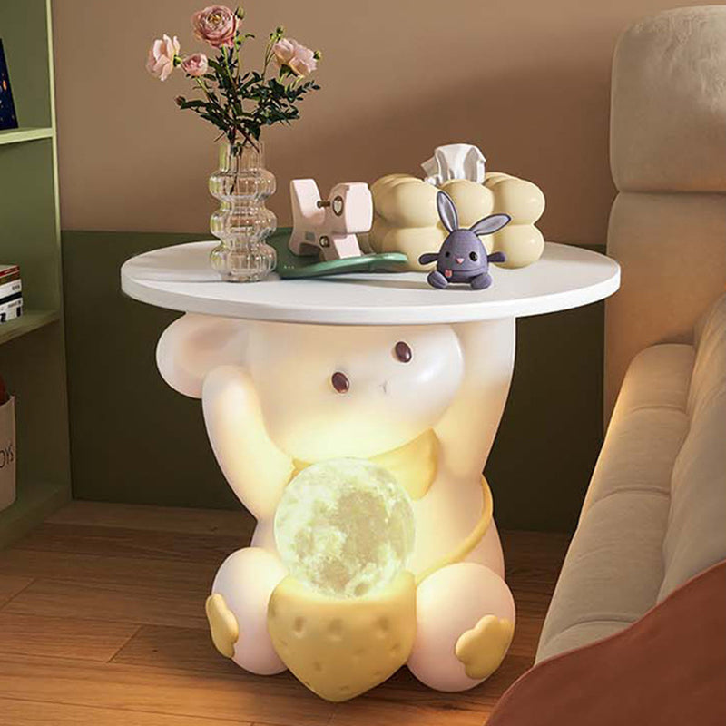 Modern Art Deco Kids Rabbit Round Plate Rectangular Drawer Resin Wood Enamel End Table 1-Drawer With LED Light For Bedroom Cuvalon