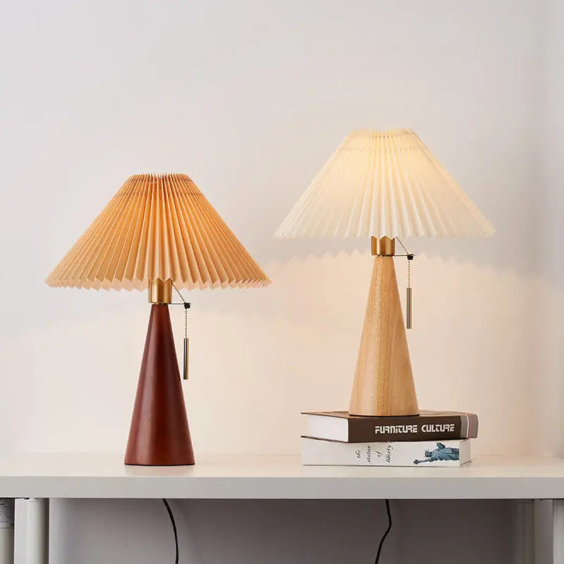 Japanese Minimalist Vintage Pleated Wooden Fabric LED Table Lamp Cuvalon