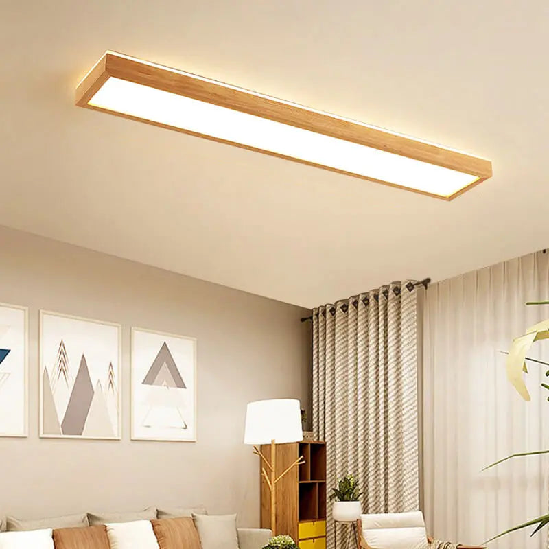 Japanese Minimalist Log Rectangular Walnut LED Flush Mount Ceiling Light Cuvalon