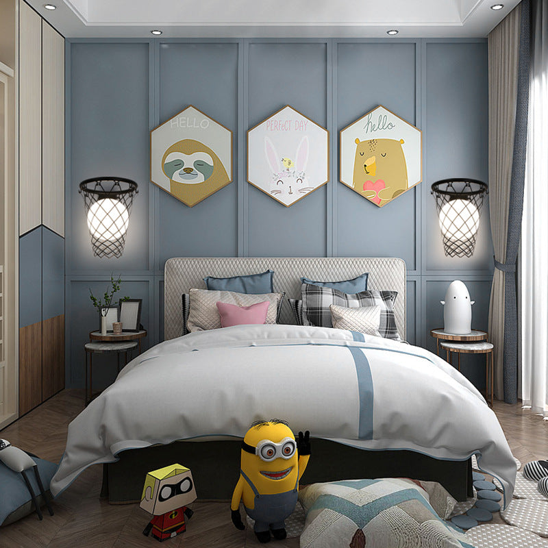 Modern Art Deco Kids Iron Glass Basketball Hoop 1-Light Wall Sconce Lamp For Bedroom Cuvalon