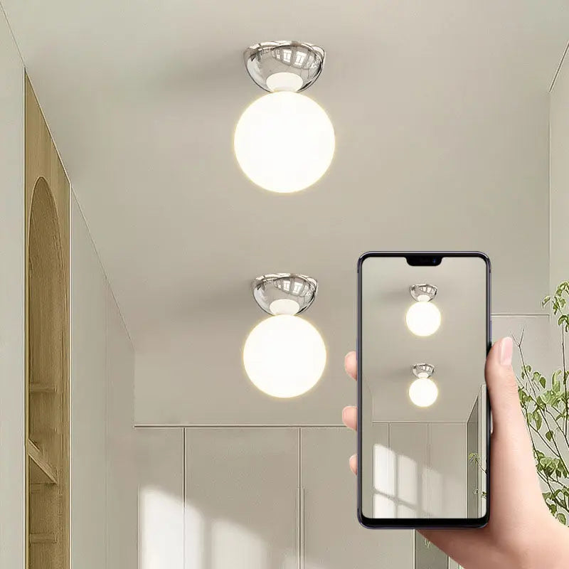 Contemporary Scandinavian Iron Spherical Glass Shade 1-Light Semi-Flush Mount Ceiling Light For Hallway Cuvalon