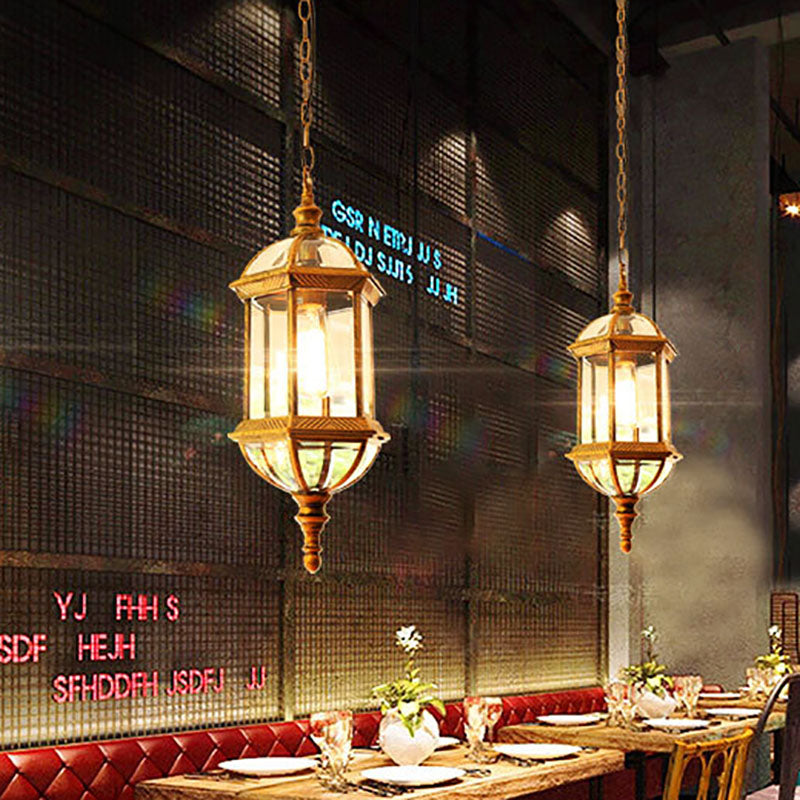 Contemporary Retro Hexagonal Lantern Glass Aluminum 1-Light Waterproof Pendant Light For Outdoor Patio Cuvalon
