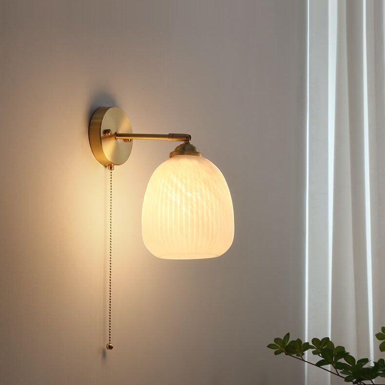 Nordic Striped Milk White Glass Brass 1-Light Pull Cord Wall Sconce Lamp Cuvalon