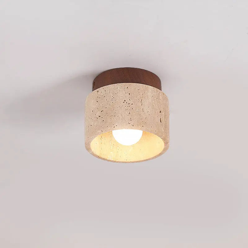 Japanese Wabi-Sabi Yellow Travertine Column Wood 1-Light Semi-Flush Mount Ceiling Light Cuvalon