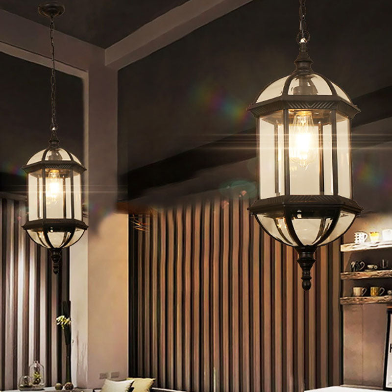 Contemporary Retro Hexagonal Lantern Glass Aluminum 1-Light Waterproof Pendant Light For Outdoor Patio Cuvalon