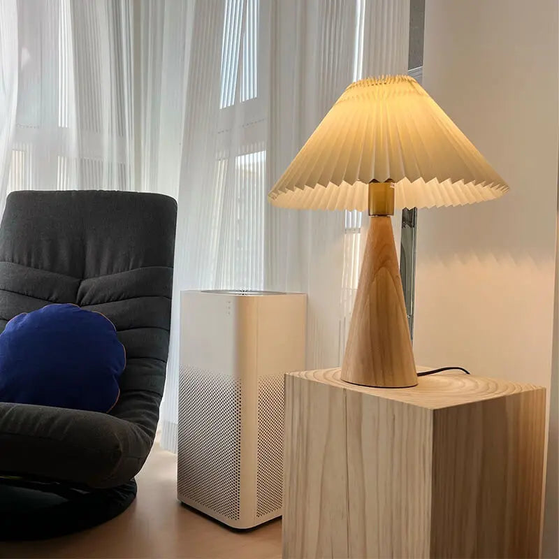 Japanese Minimalist Vintage Pleated Wooden Fabric LED Table Lamp Cuvalon
