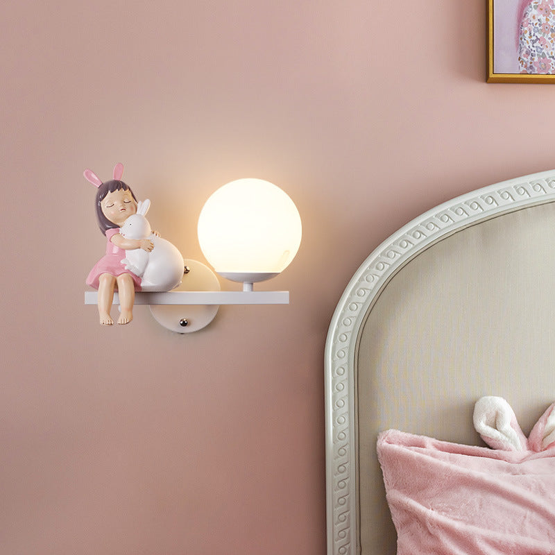 Contemporary Creative Kids Girls Unicorn Orb Resin Iron Glass 1-Light Wall Sconce Lamp For Bedroom Cuvalon