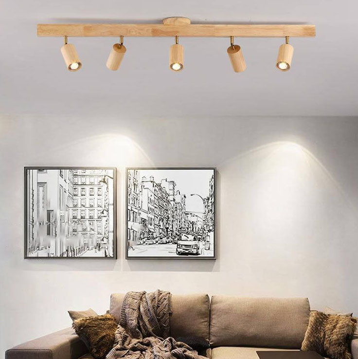 Japanese Minimalist Wooden Track Lighting LED 2/3/4/5 Light Semi-Flush Mount Ceiling Light Cuvalon