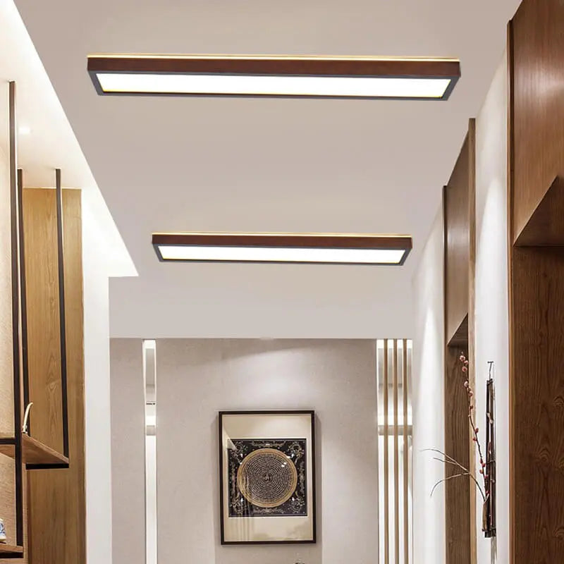 Japanese Minimalist Log Rectangular Walnut LED Flush Mount Ceiling Light Cuvalon