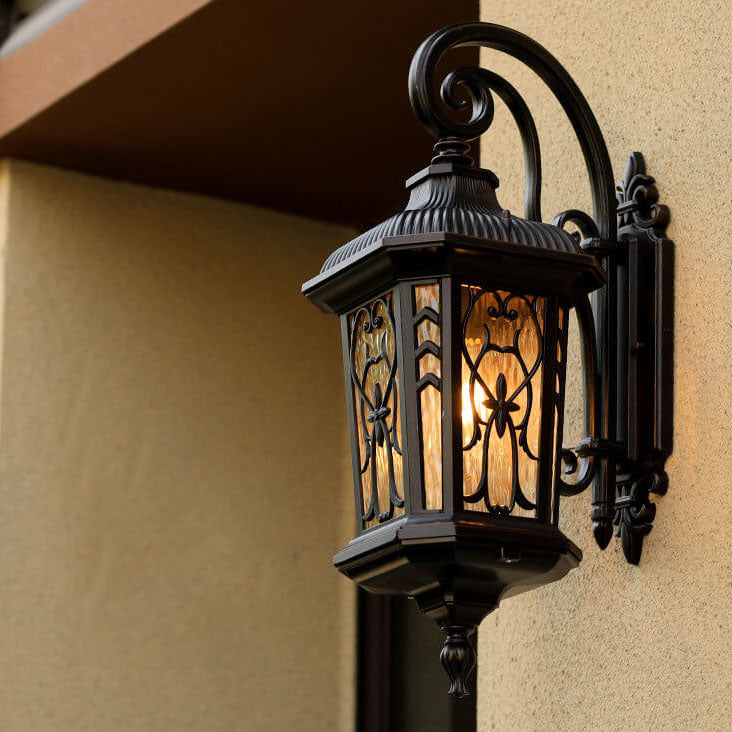 European Outdoor Carved Cage Aluminum Glass 1-Light Wall Sconce Lamp Cuvalon