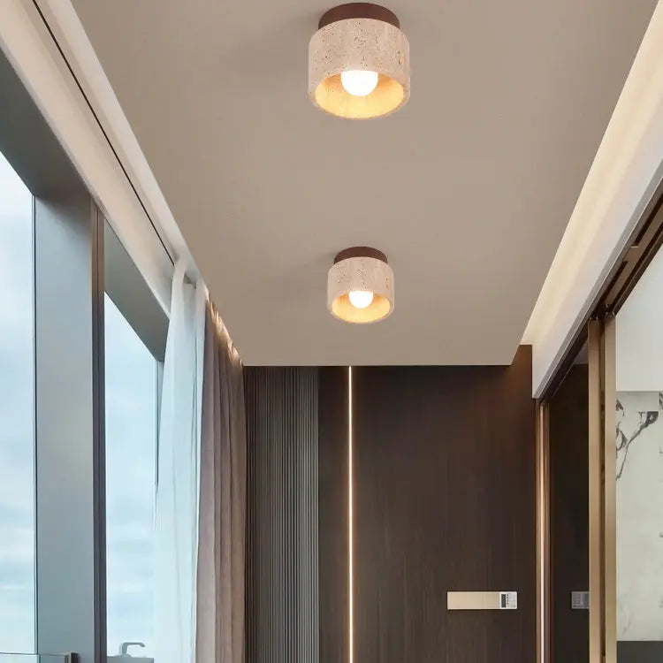 Japanese Wabi-Sabi Yellow Travertine Column Wood 1-Light Semi-Flush Mount Ceiling Light Cuvalon