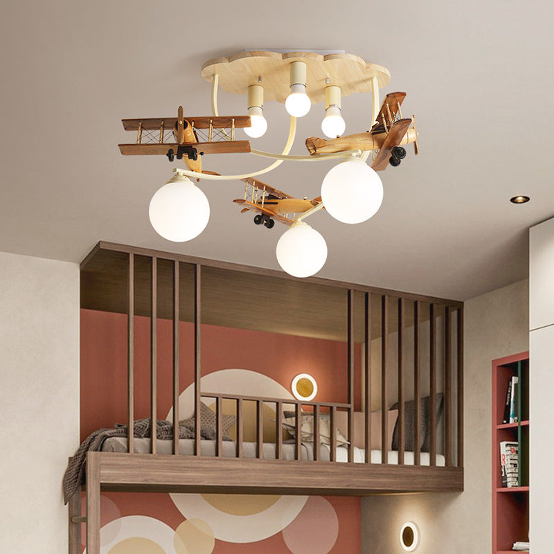 Contemporary Nordic Kids Iron Rubber Wood Glass Plane Cloud Ball 6-Light Flush Mount Ceiling Light For Bedroom Cuvalon