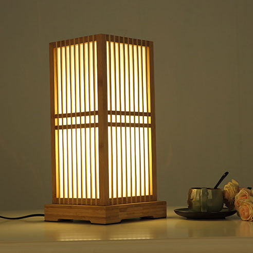 Japanese Minimalist Wooden Square Column 1-Light Table Lamp Cuvalon