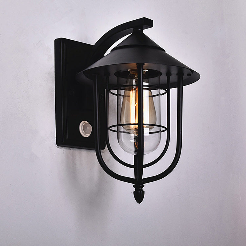 Contemporary Industrial Human Sensing Iron Glass 1-Light Outdoor Wall Sconce Lamp For Garden Cuvalon
