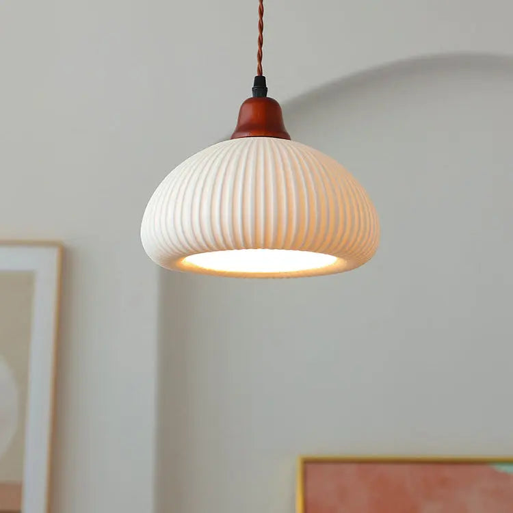 Japanese Vintage Pleated Ceramic Round Dome Wood 1-Light Pendant Light Cuvalon
