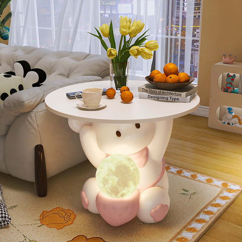 Modern Art Deco Kids Rabbit Round Plate Rectangular Drawer Resin Wood Enamel End Table 1-Drawer With LED Light For Bedroom Cuvalon