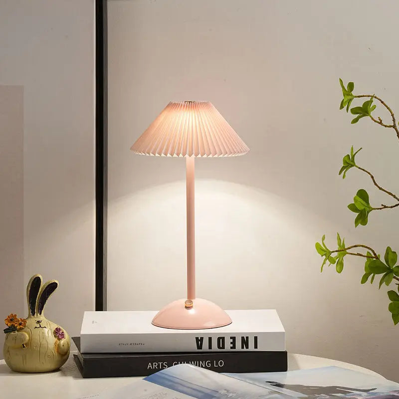 Contemporary Scandinavian Rechargeable Iron Fabric Conic Pleated 1-Light Table Lamp For Bedside Cuvalon