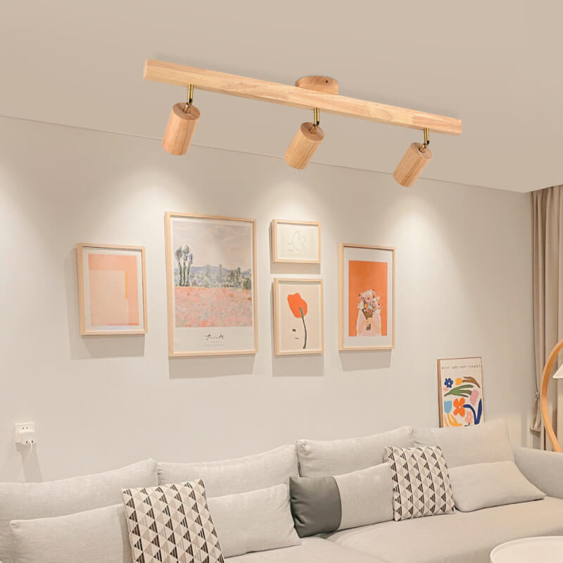 Japanese Minimalist Wooden Track Lighting LED 2/3/4/5 Light Semi-Flush Mount Ceiling Light Cuvalon