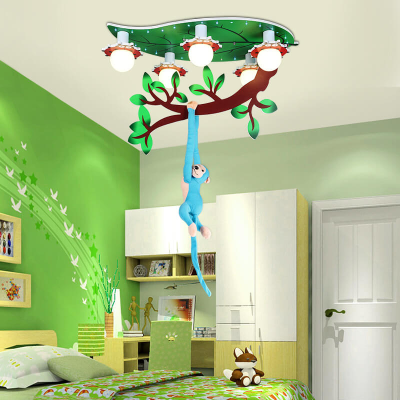 Contemporary Creative Kids Monkey Leaf Acrylic 5-Light Flush Mount Ceiling Light For Bedroom Cuvalon