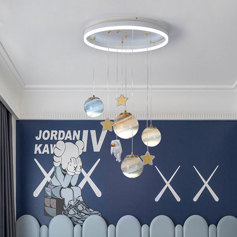 Contemporary Scandinavian Space Planet Acrylic Glass Round Shade LED Kids Flush Mount Ceiling Light For Bedroom Cuvalon