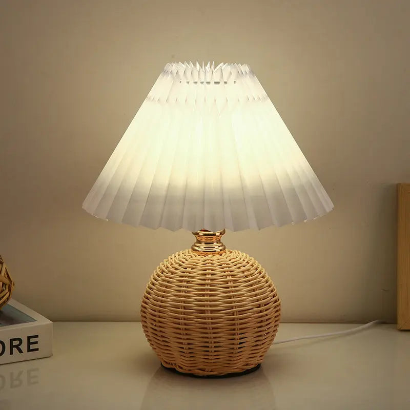 Contemporary Nordic Rattan Fabric Pleated Conic Ball LED Table Lamp For Bedroom Cuvalon