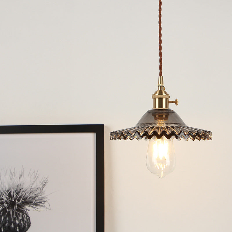Traditional Vintage Round Ripple Brass Glass 1-Light Pendant Light For Living Room Cuvalon