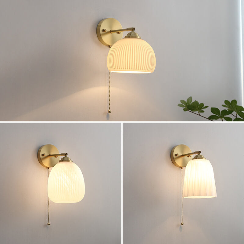 Nordic Striped Milk White Glass Brass 1-Light Pull Cord Wall Sconce Lamp Cuvalon