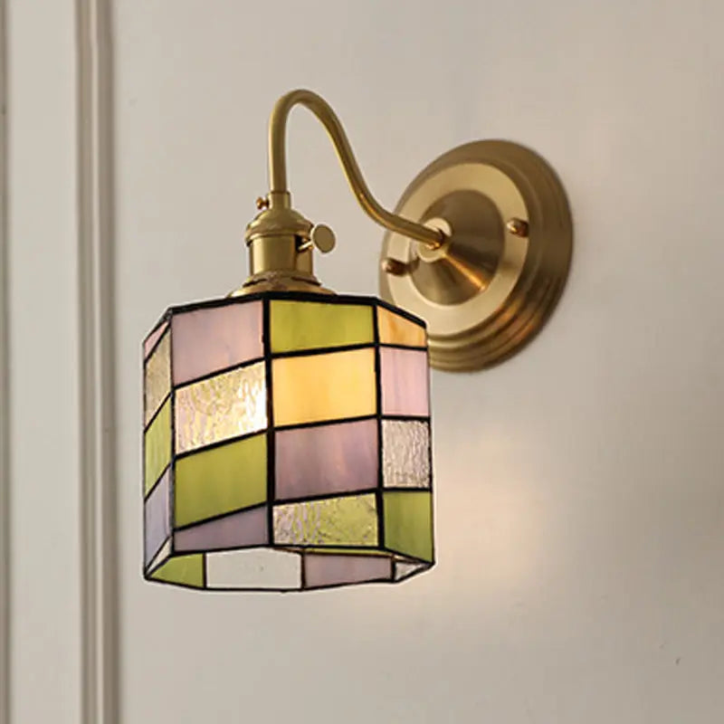 Traditional Tiffany Round Copper Glass 1-Light Wall Sconce Lamp For Living Room Cuvalon
